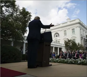  ?? ASSOCIATED PRESS ?? President Donald Trump speaks about coronaviru­s testing strategy, in the Rose Garden of the White House, Monday, Sept. 28, in Washington.