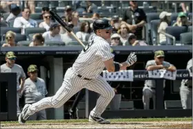  ?? BEBETO MATTHEWS — THE ASSOCIATED PRESS ?? New York Yankees third baseman Josh Donaldson (28) makes a swinging strike on a pitch during the third inning of a baseball game against Chicago White Sox, Saturday May 21, 2022, in New York.