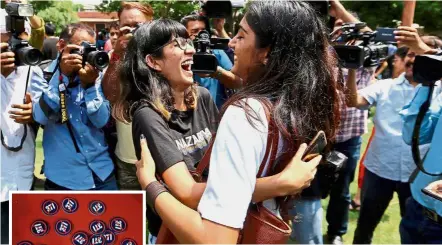  ?? — Reuters ?? Embracing change: People celebratin­g after the Supreme Court’s verdict inside the court premises in New Delhi. (Inset) Badges against the Section 377 law of the Indian Penal Code are pictured on a table at the entrance of an NGO, in Mumbai.