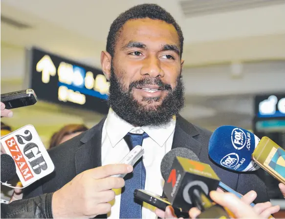  ?? Picture: AAP IMAGE ?? Marika Koroibete speaks to the media at Sydney airport before leaving with the Wallabies on their five-Test tour of Europe.