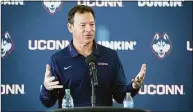  ?? Stew Milne / Associated Press ?? Jim Mora speaks with the media during a news conference announcing him as the new head coach of UConn on Nov. 27.