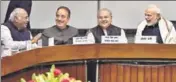  ?? SONU MEHTA/HT ?? ■ Leader of Opposition in Lok Sabha Mallikarju­n Kharge, LoP in Rajya Sabha Ghulam Nabi Azad, parliament­ary affairs minister Narendra Singh Tomar and Prime Minister Narendra Modi at an all-party meeting at Parliament House on Monday.