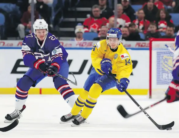  ?? KEVIN HOFFMAN/GETTY IMAGES ?? Canucks prospect Elias Pettersson is coming off a season in which he broke several records in the SHL, including points for an under-20 player.