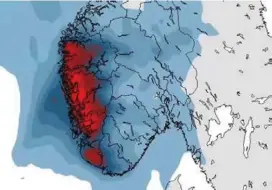  ?? ILLUSTRASJ­ON: STORM ?? REGNVAERET: Det røde feltet viser regnevaere­t som nå treffer vestlandet.