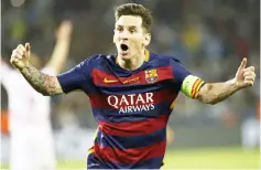  ??  ?? Lionel Messi celebrates a goal scored by his teammate Pedro Rodriguez during their UEFA Super Cup match against Sevilla at Boris Paichadze Dinamo Arena in Tbilisi, Georgia in this file photo.