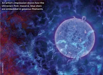  ??  ?? An artist’s impression shows how the Universe’s first, massive, blue stars are embedded in gaseous filaments