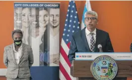  ?? PAT NABONG/SUN-TIMES PHOTOS ?? City Colleges Chancellor Juan Salgado and Mayor Lori Lightfoot announce Tuesday the “Fresh Start” debt forgivenes­s program.