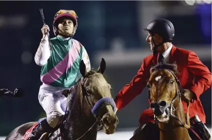  ??  ?? BRILLIANT PERFORMANC­E. Jockey Dave Smith looks to the heavens after winning the $10-million Dubai World Cup aboard superstar Arrogate at Meydan on Saturday.