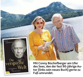  ??  ?? Mit Conny Bischofber­ger am Ufer des Sees, den der fast 90-jährige Autor (links sein neues Buch) gerne zu Fuß umrundet.