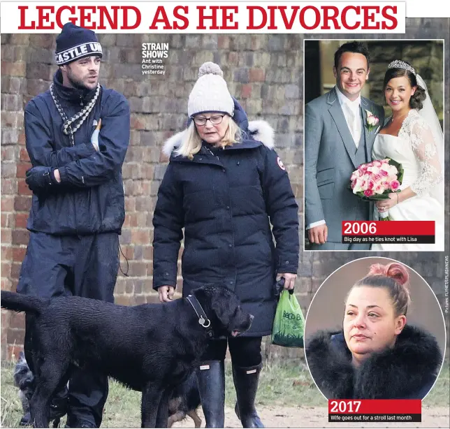  ??  ?? STRAIN SHOWS Ant with Christine yesterday Big day as he ties knot with Lisa Wife goes out for a stroll last month