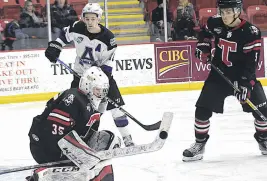  ?? TRURO NEWS PHOTO ?? Truro netminder Alec Macdonald turns aside a shot during MHL action Saturday night in the Truro Bearcats’ 5-1 win over the Amherst Ramblers.