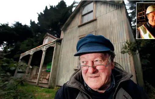  ?? STUFF ?? Bill Sheat outside the home owned by Max Dorset, a client he defended on a murder charge, and, above right, with wife Genevieve during renovation­s at Wellington’s Embassy Theatre.