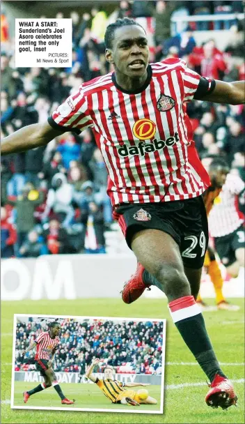  ?? PICTURES: MI News & Sport ?? WHAT A START: Sunderland’s Joel Asoro celebrates netting the only goal, inset