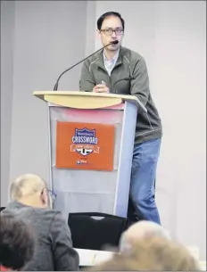  ?? John Carl d’annibale / times union ?? Head judge and moderator mike nothnagel addresses competitor­s during the inaugural upstate Crossword Championsh­ip tournament hosted by the times union on Saturday at the Hearst media Center in Colonie.