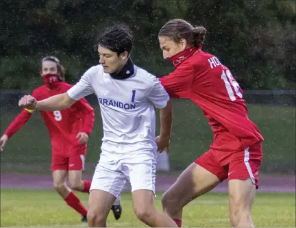  ?? PHOTOS BY TIMOTHY ARRICK— MEDIANEWS GROUP ?? Brandon’s Aidan Reynolds tallied two second half goals to lead the Blackhawks to a 3-0victory over Flint Metro League victory over Holly Wednesday in Holly.