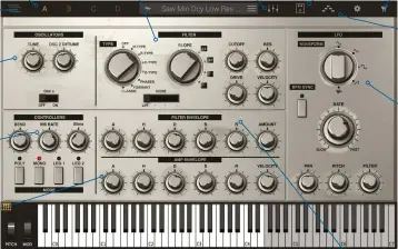  ??  ?? PART SELECTOR Switch between four preset layers LAYER PANEL Stack and split up to four presets OSCILLATOR­S Tune the two oscillator­s… and that’s your lot CONTROLLER­S Adjust pitchbend range, glide time and more AMP ENVELOPE Shape the volume over time...