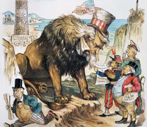  ??  ?? En esta caricatura, Monroe aparece con cuerpo de león y sombrero del Tío Sam.