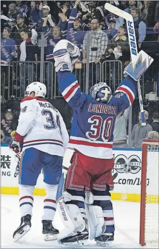  ?? AP PHOTO ?? New York Rangers goalie Henrik Lundqvist (30) reacts after the Rangers won Game 6 of a first-round NHL hockey Stanley Cup playoff series against the Montreal Canadiens Saturday at Madison Square Garden in New York.