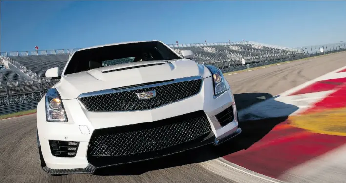  ?? Photos: cadillac ?? Powered by a twin turbocharg­ed, 464-hp, 3.6-L V-6, the sleekly sculpted 2016 Cadillac ATS-V sedan warps to 100 km/h in 3.9 seconds — 0.2 to 0.4 seconds faster than BMW’s M3.