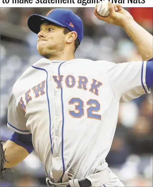  ??  ?? Steven Matz delivers strong five innings against Nationals, bouncing back from rocky opening start to season and giving Mets chance to sweep rivals tonight with Matt Harvey taking the hill.