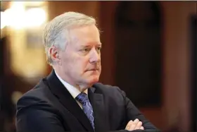  ?? JEFFREY COLLINS-ASSOCIATED PRESS FILE ?? Former White House Chief of Staff Mark Meadows listens during an announceme­nt of the creation of a new South Carolina Freedom Caucus based on a similar national group at a news conference on April 20. in Columbia, S.C.