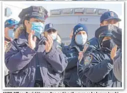  ??  ?? NYPD Officer Daniel Vargas (top and inset) waves as he leaves Jacobi Medical Center Thursday to the cheers of his fellow Finest (above).