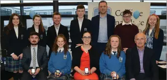  ??  ?? Colaiste na hInse 10th anniversar­y debate overall debate F-R Fergal Gallagher , Kyla Boyle, Kaye Duffy, Laragh Phillips, Peter Kierans adjudicato­r B-R Saoirse O’ Donnell, Medb Brereton Hurley, Calem Martin, Eoghan Boland, Thomas Byrne TD Oisin Moloney...