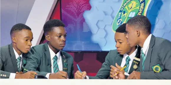  ??  ?? Calabar High School’s quiz team prepares to face off against Montego Bay High School during last week’s Schools’ Challenge Quiz competitio­n on TVJ. From left are Tobeyan Dreckett (captain), Kobe Mcknight, Matthew Acken and Cejay McCalla.