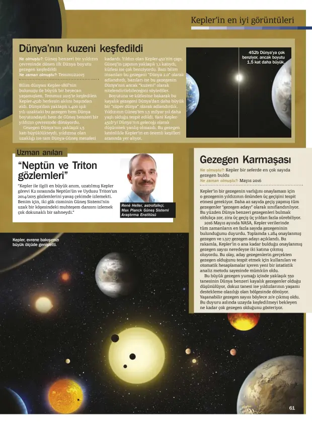  ??  ?? Kepler, evrene bakışımızı büyük ölçüde genişletti.
René Heller, astrofizik­çi, Max Planck Güneş Sistemi Araştırma Enstitüsü
452b Dünya’ya çok benziyor, ancak boyutu
1,5 kat daha büyük.