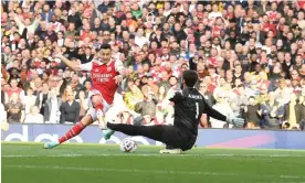  ?? Photograph: Stuart MacFarlane/Arsenal FC/Getty Images ?? Gabriel Martinelli scored Arsenal’s first goal in the first minute, part of an exhilarati­ng display by the Brazil forward.