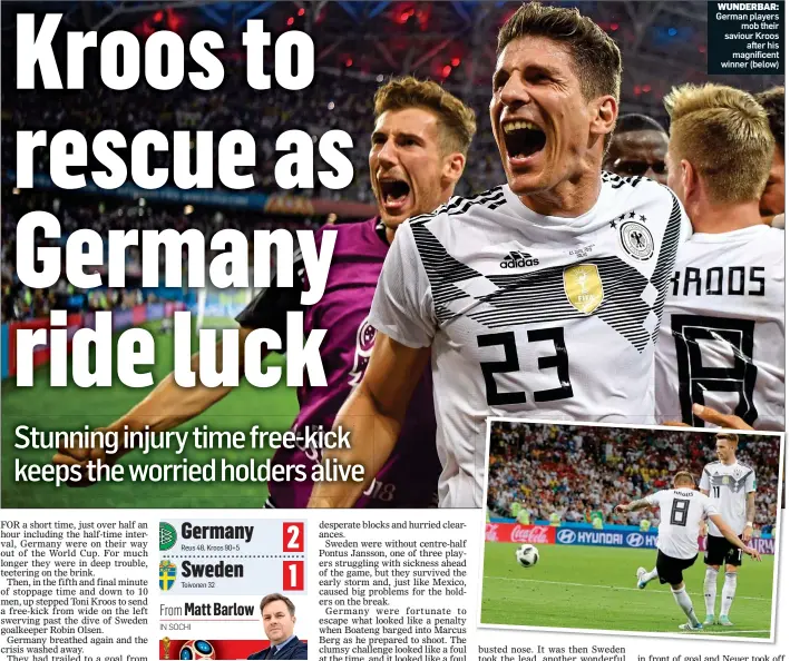  ??  ?? WUNDERBAR: German players mob their saviour Kroos after his magnificen­t winner (below)