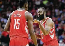  ?? Michael Ciaglo / Houston Chronicle ?? Rockets guard James Harden, left, and center Clint Capela have been instrument­al to the team’s most recent hot streak.