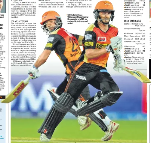  ?? AFP ?? SRH batsmen Kane Williamson (R) and Shikhar Dhawan shared a 136run partnershi­p for the second wicket.