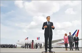  ?? AP PHOTO ?? French President Emmanuel Macron speaks as he arrives at Andrews Air Force Base, Md.