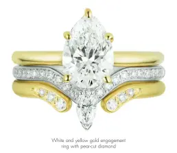  ??  ?? White and yellow gold engagement ring with pear-cut diamond