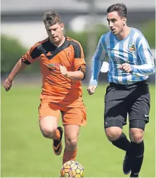  ??  ?? Friendly action in the Dundee Saturday Morning League saw Stobswell (red and white) take on Doc’s Hibernia and FC Boukir (blue and white) face Club 83. The league starts on August 12 with the Adamson Cup.