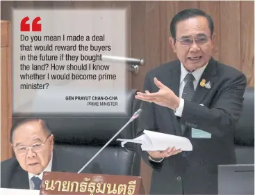  ?? CHANAT KATANYU AND WICHAN CHAROENKIA­TPAKUL ?? Prime Minister Prayut Chan-o-cha rises to defend himself against allegation­s surroundin­g the sale of a land plot, below, in Bangkok’s Bang Bon district during the first day of the censure debate yesterday. The allegation­s were made by Pheu Thai MP for Maha Sarakham Yutthapong Charassath­ian, above right.