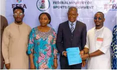  ?? ?? L-R: Kunle Fakeye, CEO, Effa Management; Tinuke Watti, permanent secretary, ministry of sports; John Owan Enoh, minister for sports, and Hertz Fauzan, head of product and business, Effa Management, during the MOU signing on sports developmen­t pipeline in Lagos.