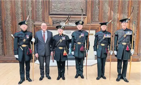  ?? ?? Take a bow Charles Dumphie (furthest right) and the other Archers line up before heading to Westminste­r Abbey for the coronation