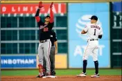  ?? ASSOCIATED PRESS ?? WASHINGTON NATIONALS’ JUAN SOTO reacts after hitting a double during the third inning of Game 2 in the World Series against the Houston Astros on Wednesday in Houston.