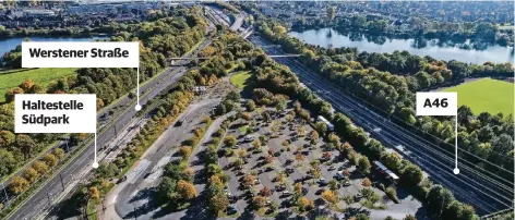  ?? FOTO: ANDREAS KREBS ?? Der Parkplatz am Südpark liegt an stark frequentie­rten Straßen und einer Strecke der Wehrhahn-Linie.