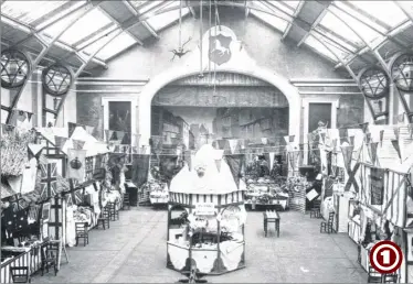  ??  ?? The Corn Exchange, Elwick Road circa 1911, and a splendid view showing the mini village fair set up within the much-missed venue
