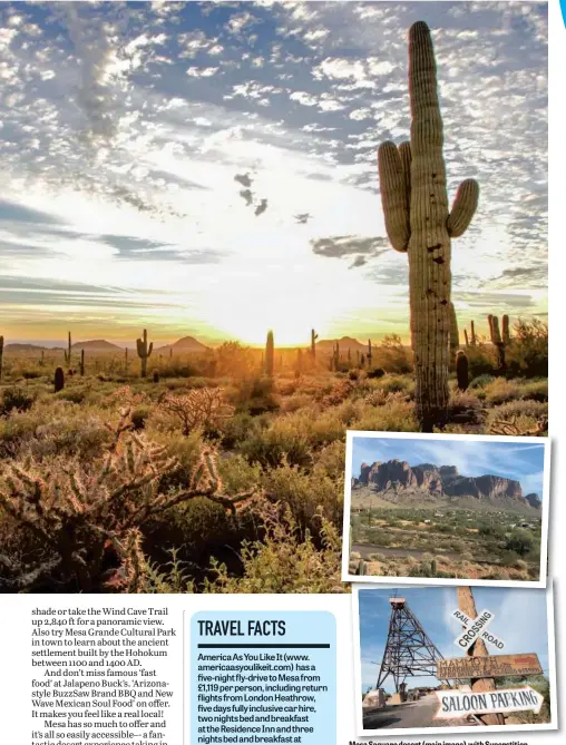  ??  ?? Mesa Saguaro desert (main image) with Superstiti­on Mountains (top) and the Mesa Goldfinger sign (above).