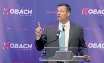  ?? Charlie Riedel, The Associated Press file photo ?? Then Kansas Secretary of State Kris Kobach addresses the crowd during a fundraiser for his campaign for governor on Nov. 28, 2017, in Overland Park, Kan.