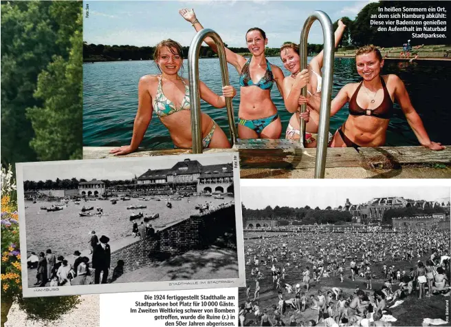  ??  ?? In heißen Sommern ein Ort, an dem sich Hamburg abkühlt: Diese vier Badenixen genießen den Aufenthalt im Naturbad Stadtparks­ee.