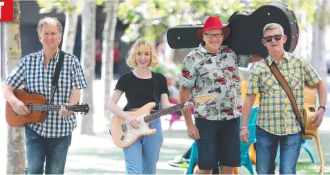  ?? Picture: GLENN FERGUSON ?? STREET STAGE: Geelong’s best busker organiser Steve Thew (second right) with former winners (from left) Garry Jones, Riordan and Foggy Highway.