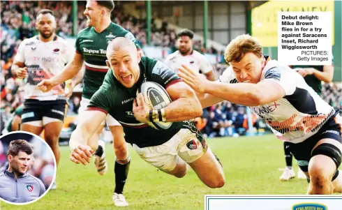  ?? PICTURES: Getty Images ?? Debut delight: Mike Brown flies in for a try against Saracens Inset, Richard Wiggleswor­th