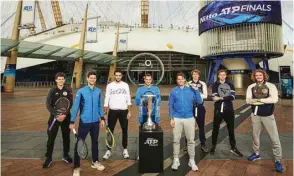  ??  ?? Players pose at the London’s iconic O2 arena yesterday on the eve of the ATP Finals.
