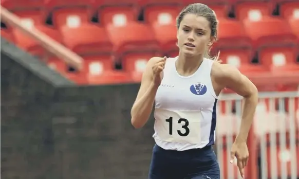  ??  ?? Megan competing for Cleveland in preparatio­n for the 2019 English schools track and field finals.