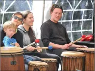  ??  ?? Keeping the beat at the ‘family drum circle’ percussion workshop at An Conair Bar on Saturday afternoon.